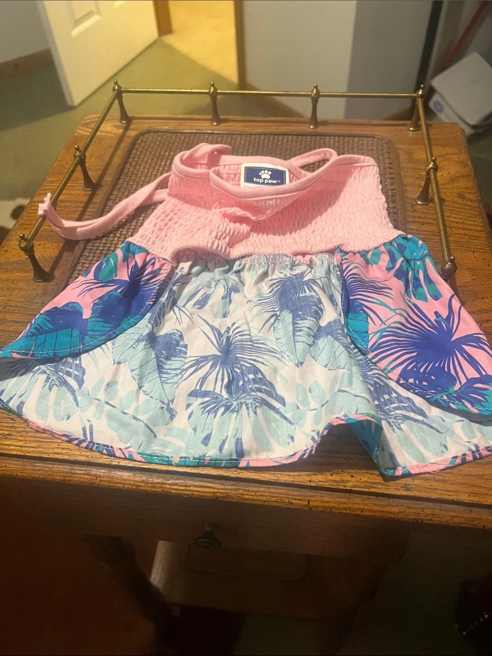 Top Paw Pink Tank Dress with Blue & Teal Tropical Leaf Print